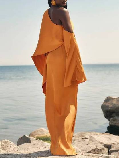 Off-Shoulder Asymmetric Slit Maxi Dress