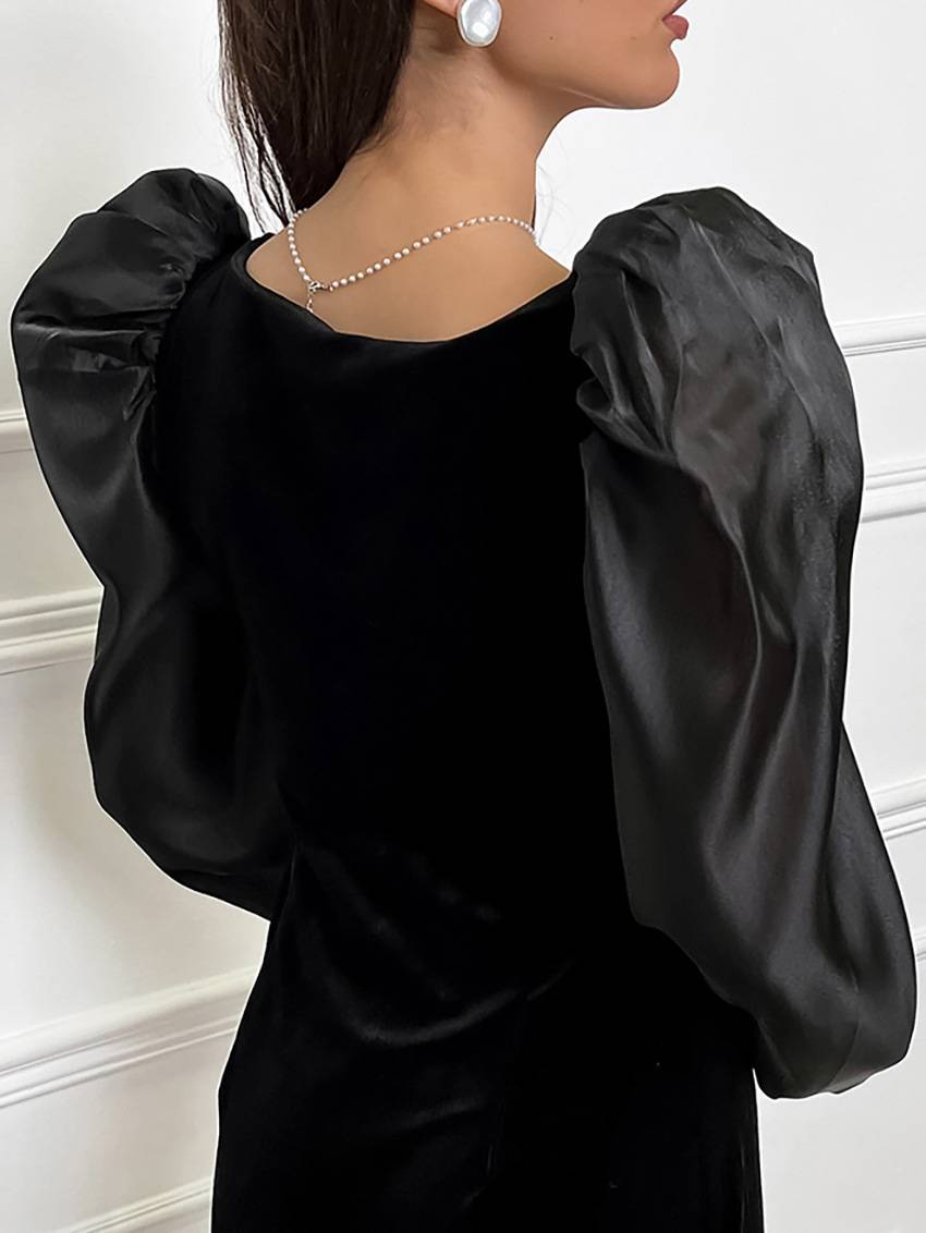 Square Neck Bubble Sleeve Front Slit Dress