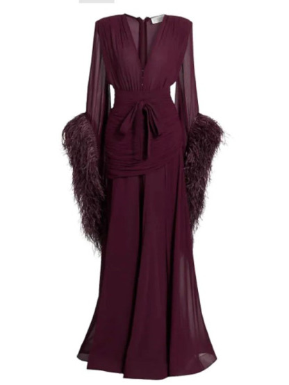 Feather Design Front Slit Maxi Dress