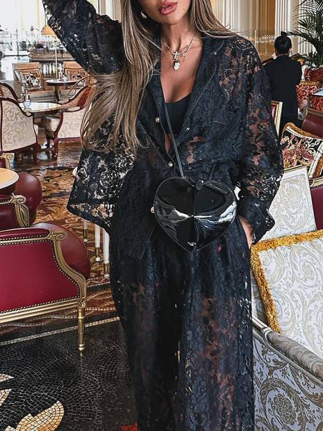 Lace See-through Shirt And Pants Two-piece Suit