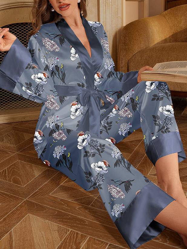 Printed Satin Long-Sleeve Pants Two-Piece Home Wear