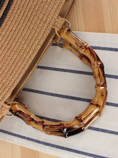 Bamboo Handle Striped Contrast Color Straw Handbag
