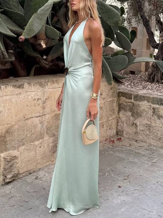 Deep V Halter-Neck Backless Metal Buckle Decoration Maxi Dress