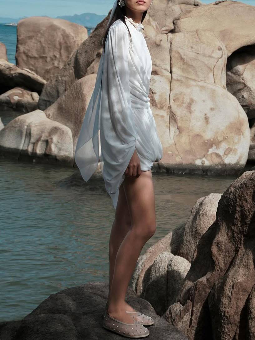 Pleated Design Long Sleeve Mini Dress