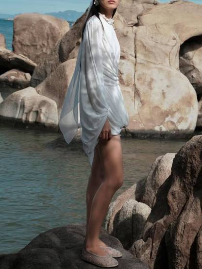 Pleated Design Long Sleeve Mini Dress