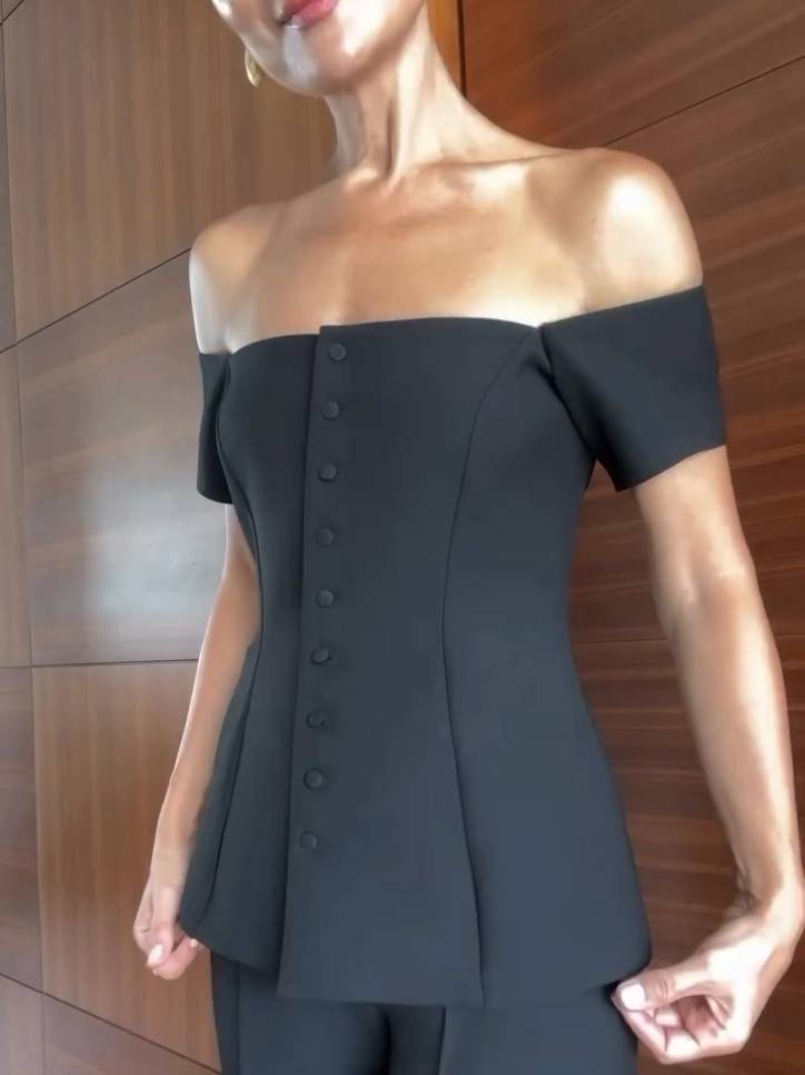 Minimalist Off-shoulder Top And Wide Leg Pants Suit-Pants