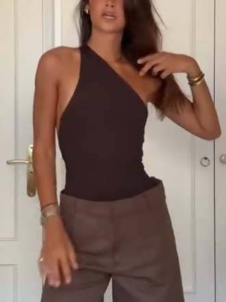 Oblique Collar Off-shoulder Bodysuits And Side Slits Wide Leg Pants Suit- Bodysuits