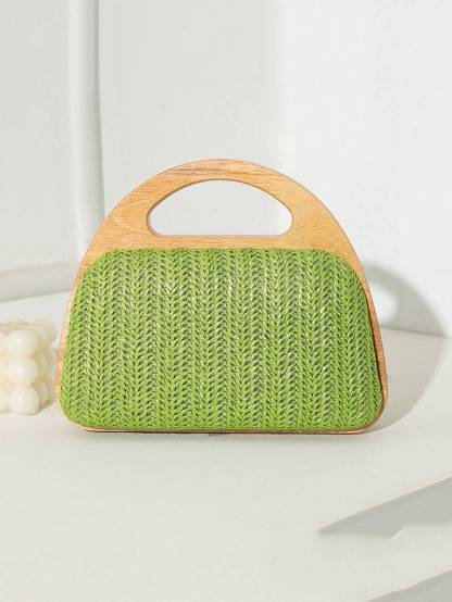 Straw and wood patchwork handbag