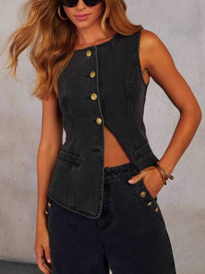 Minimalist Old Money Denim Vest Wide Leg Pants Set - Vest