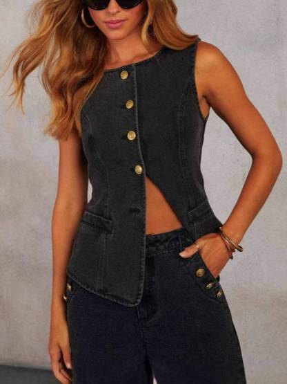 Minimalist Old Money Denim Vest Wide Leg Pants Set - Vest