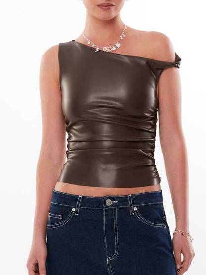 Twisted off-the-shoulder leather pleated crop top