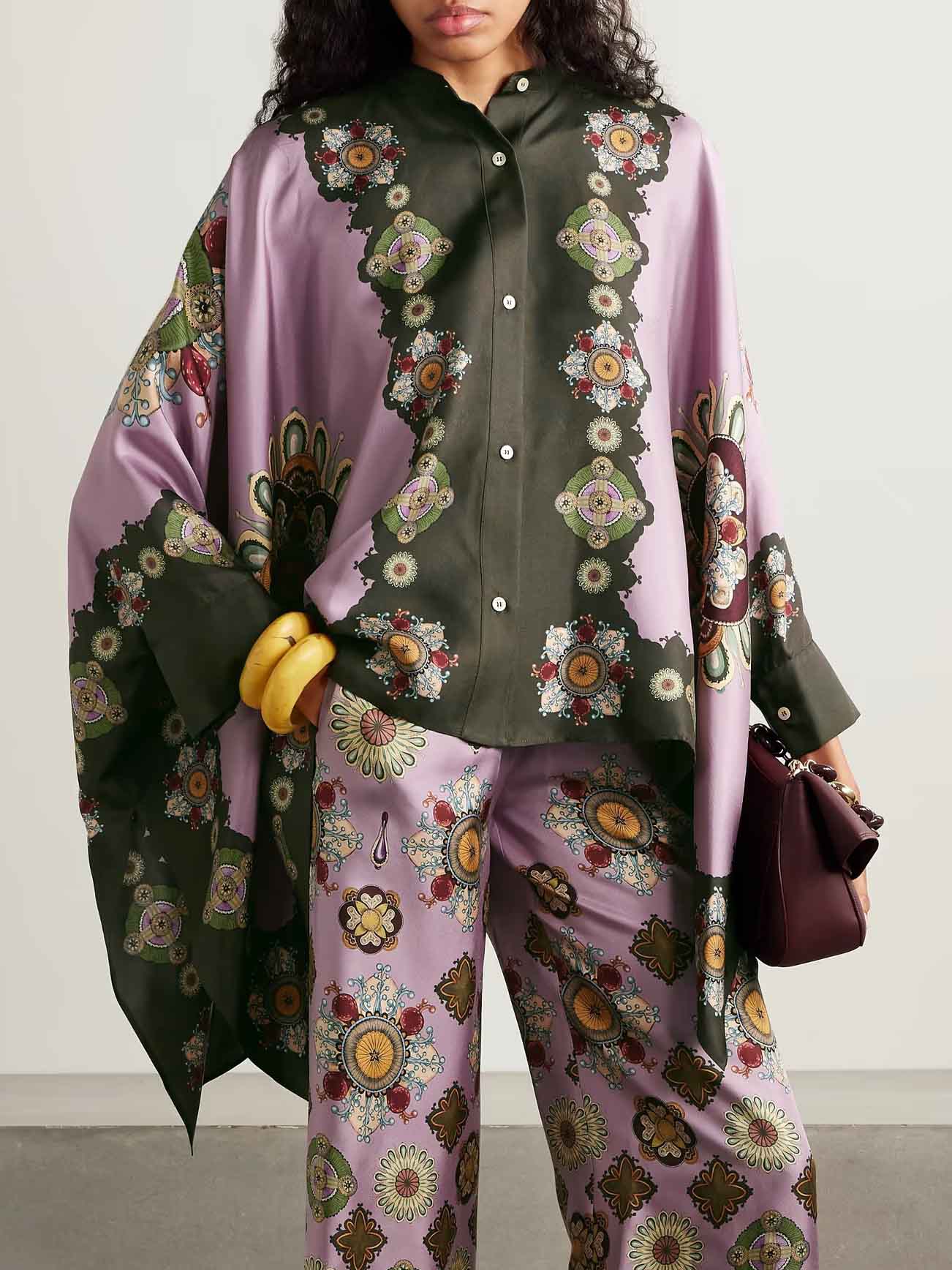 Retro Fine Satin Floral Print Cape Shirt