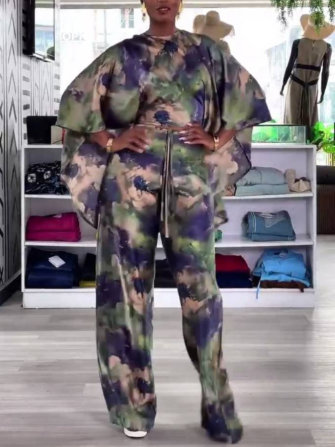 Printed Lace-up Shirt And Wide Leg Pants Suit-Pants