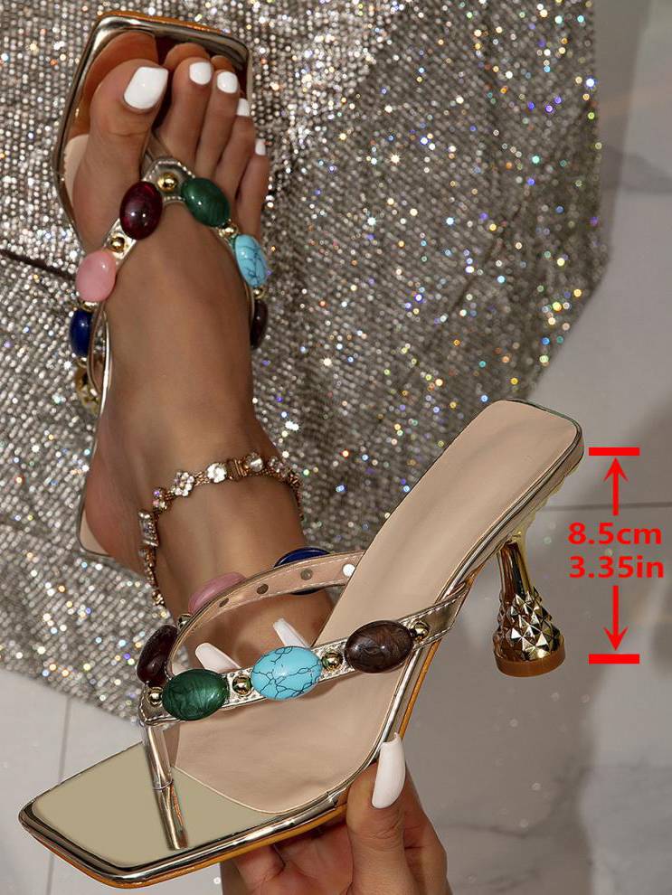 Colorful stone inlaid high-heeled slippers