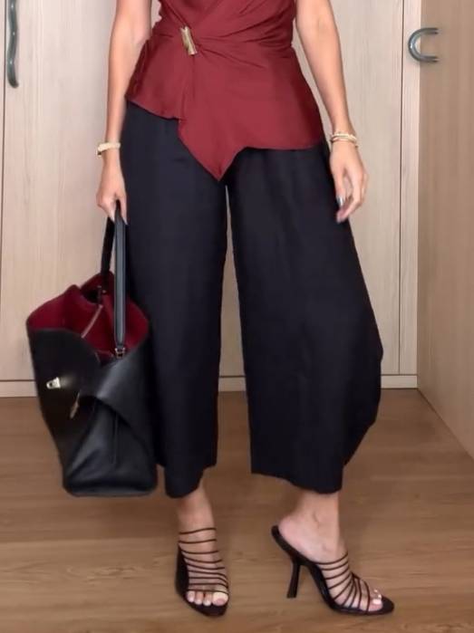 Off-shoulder Irregular Hem Shirt And Wide-leg Pants Suit - Pants