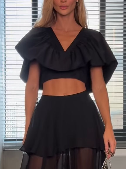 Black Overlay Puff Effect Short Sleeve Shirt