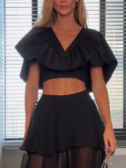 Black Overlay Puff Effect Short Sleeve Shirt