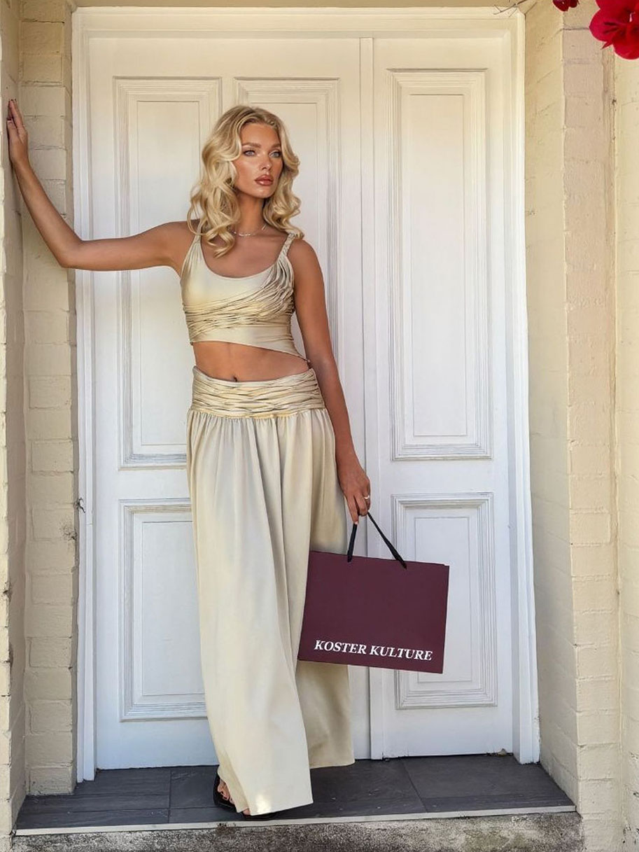Elegant Ruched One-Shoulder Crop Top And Wide-Leg Pants Set-Likemychoice