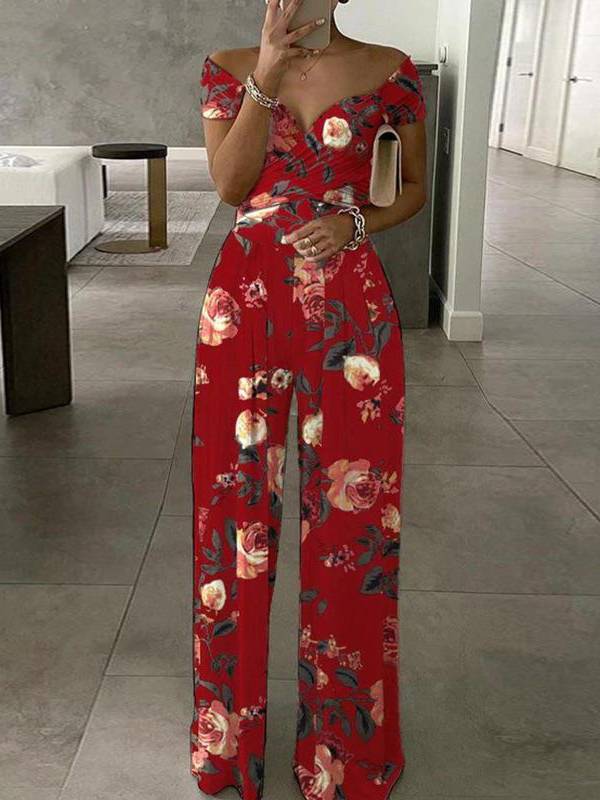 Off-shoulder Printed High-waist Jumpsuit