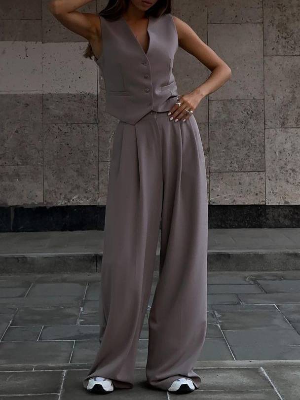 V-neck Vest Wide-leg Trousers Casual Two-piece Suit