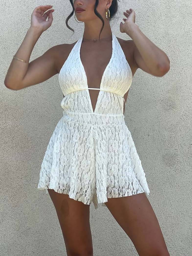 Deep V-Backless Lace Mini Jumpsuit