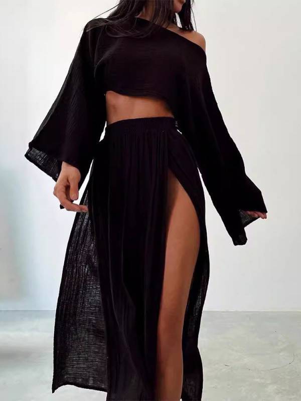 Loose Top and Slit Wide Leg Pants Set