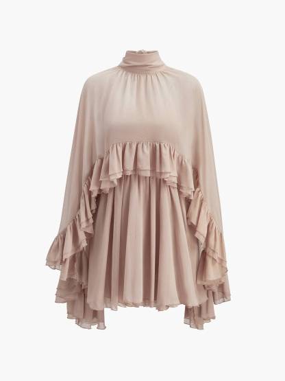 Semi-Sheer Chiffon Ruffle Cape And Mini Dress Suit