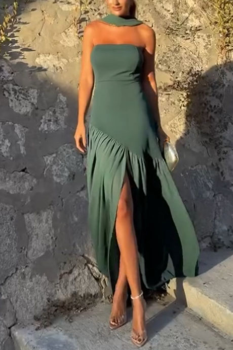 Strapless Slit Scarf Maxi Dress