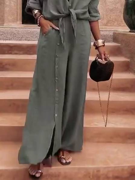 Holiday Style Shirt And Slit Wide Leg Pants Suit-Pants