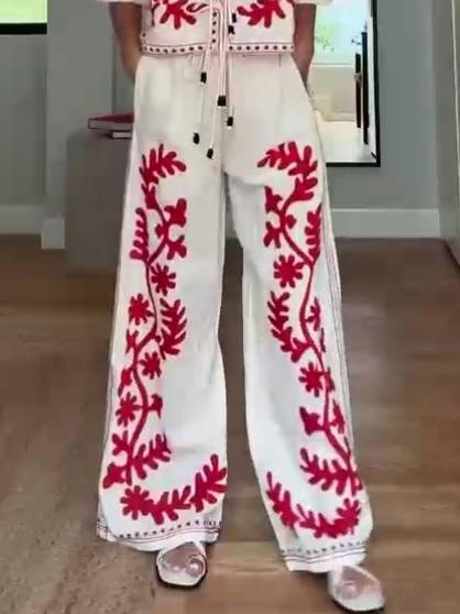 Printed Shirt And Wide Leg Pants Suit-Pants