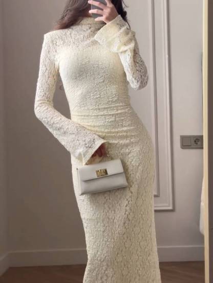 Lace Pleated Long Sleeve Maxi Dress