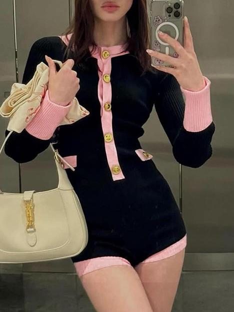 French Color Contrast Knit Jumpsuit