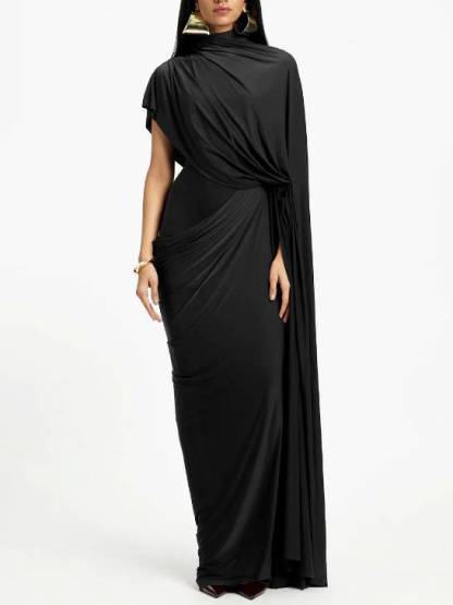 Irregular Shawl Pleated Maxi Dress