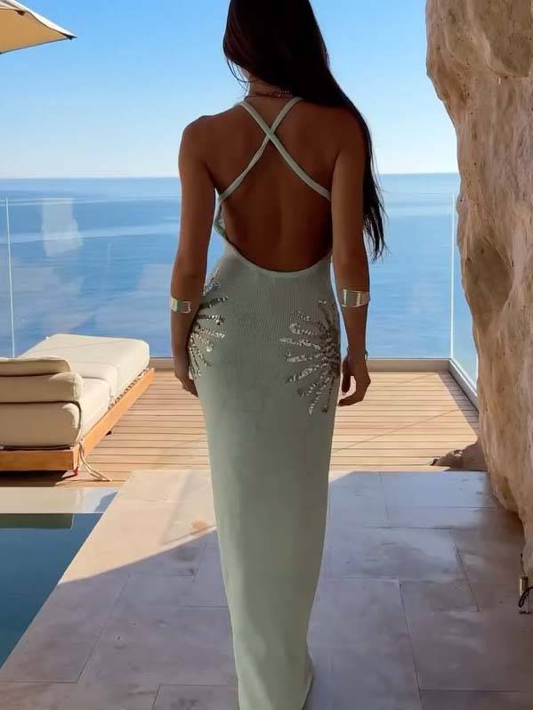 Sequined V-neck Backless Knit Maxi Dress