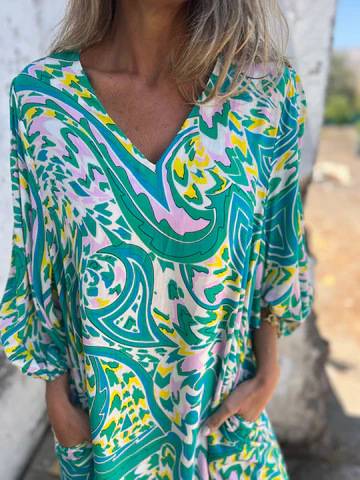 Printed V-neck Pullover Long-sleeved Loose Dress