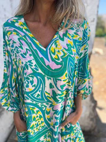 Printed V-neck Pullover Long-sleeved Loose Dress