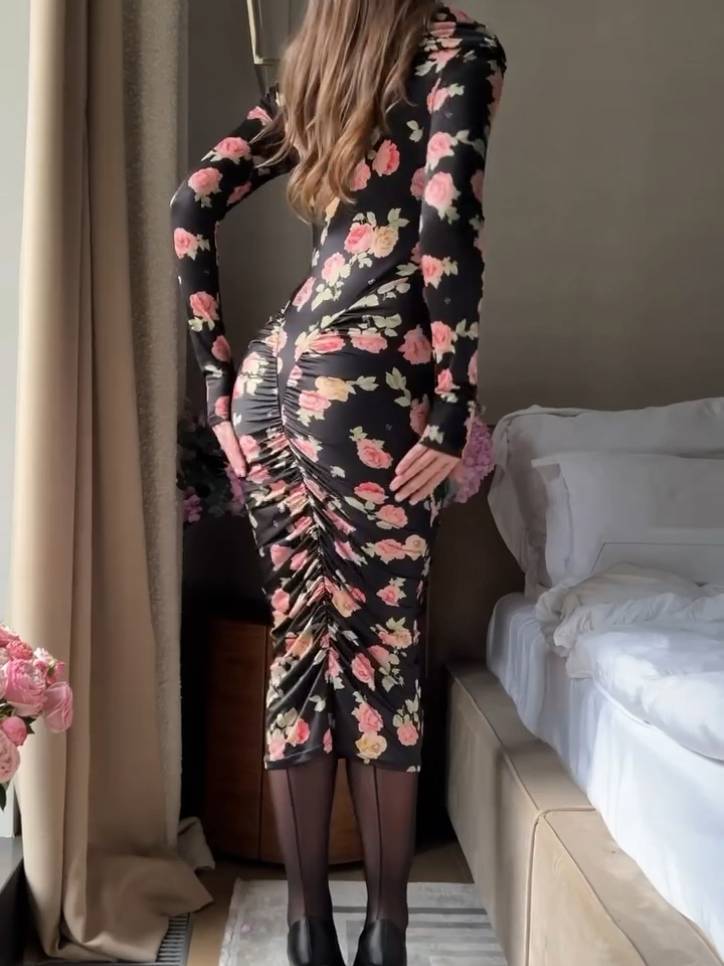 Distinctive Boat Neck Floral-Print Pleated Midi Dress