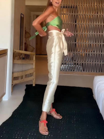 Exquisite Hollow Bandeau Tie-Back Vest Top Ruched High-Waisted Straight-Leg Pants Set