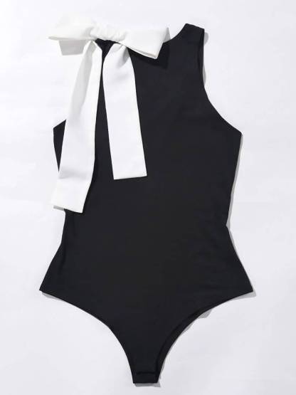 Contrast Color Sleeveless Bow Pullover Bodysuit