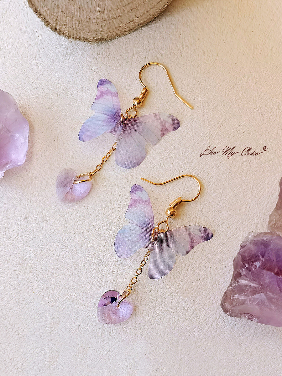 Purple Butterfly and Heart Gem Drop Earrings-Likemychoice