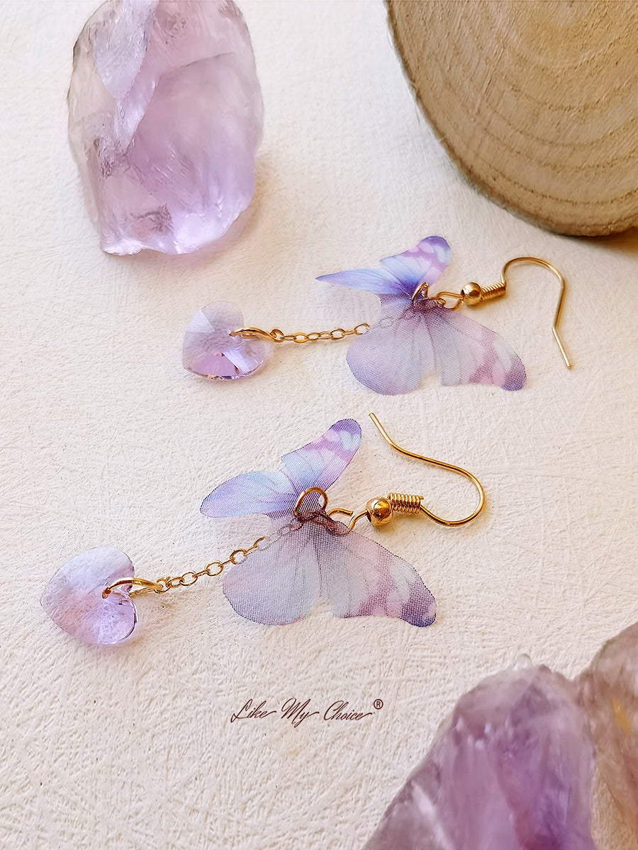 Purple Butterfly and Heart Gem Drop Earrings-Likemychoice