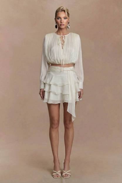 Tulle Lace-Up Shirt And Ruffled Skirt Set