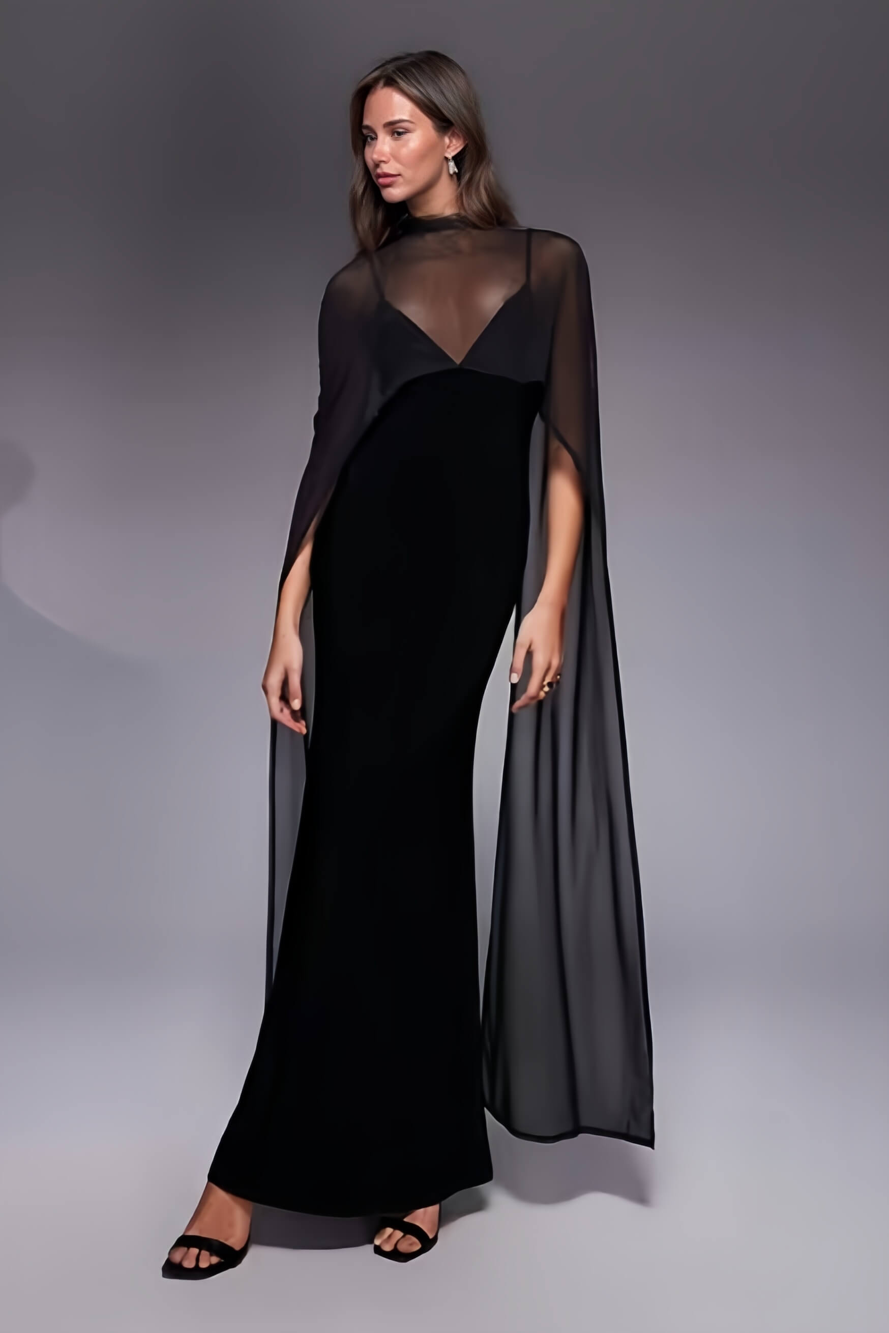 Sexy Black V-neck Sleeveless Sheer Fit Shawl-Style Spaghetti Strap Maxi Dress