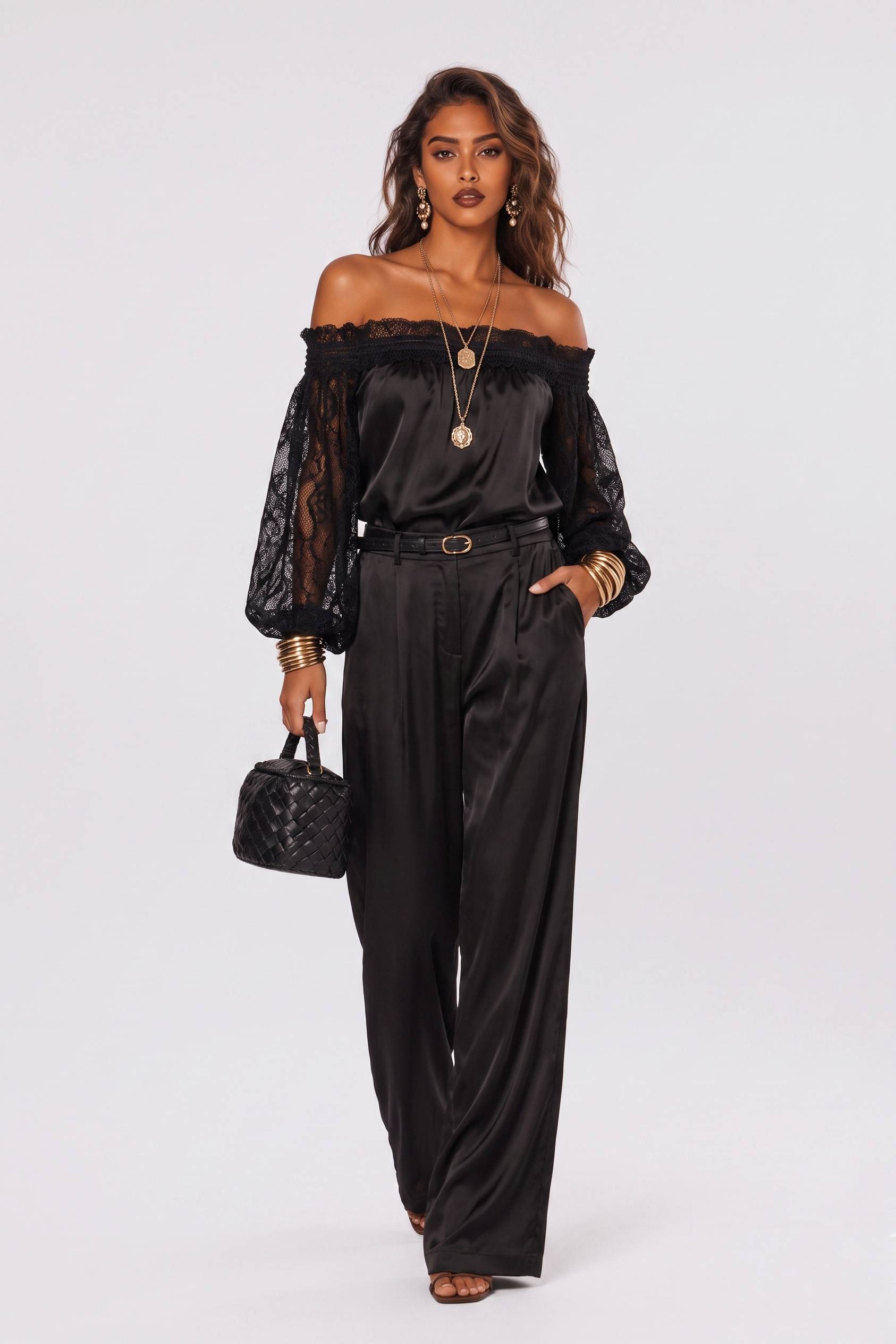 Elegant Satin Shoulder Lace Stitching Sleeve Top Wide Leg Pants Set