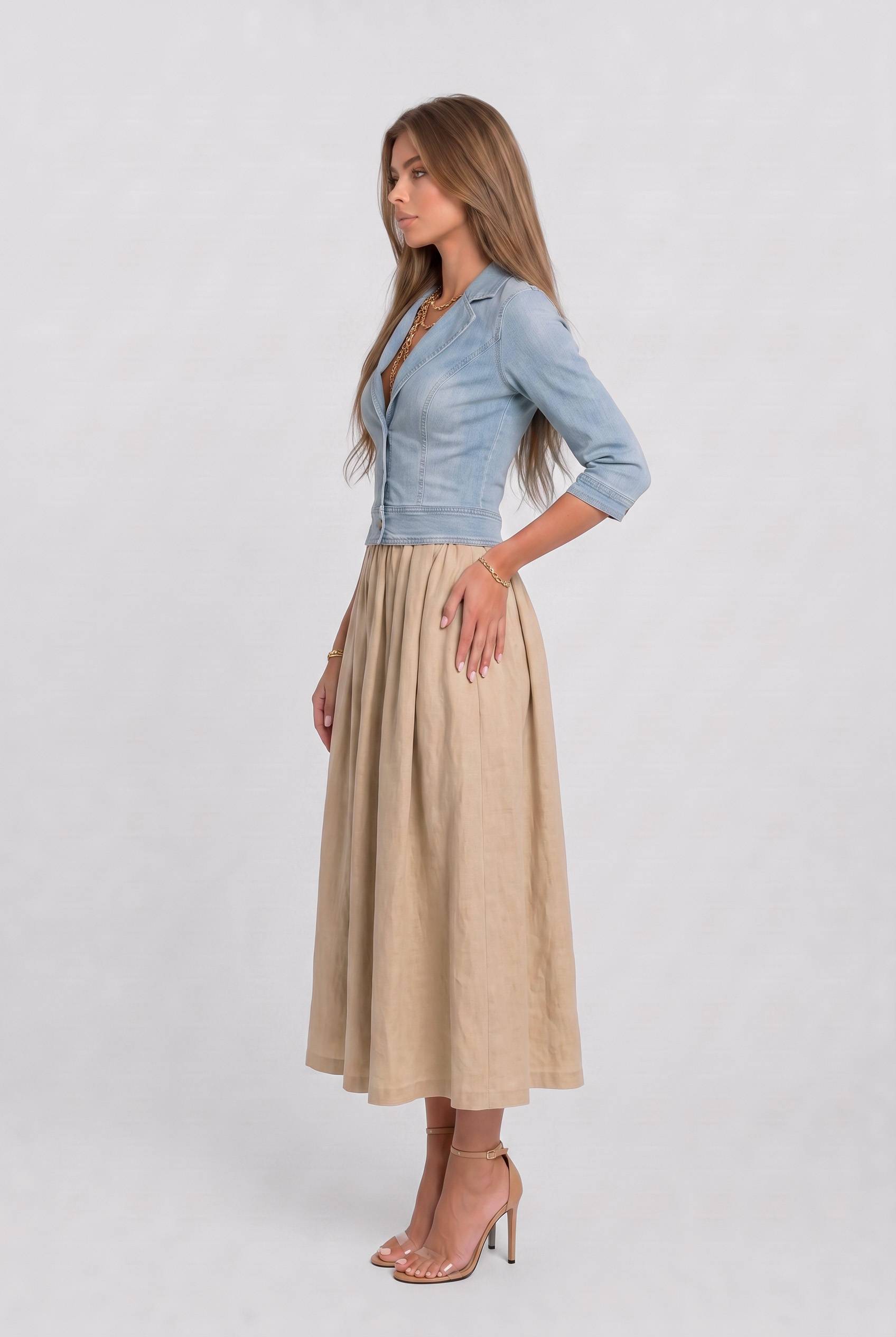 Vintage Denim Top And Linen Skirt Set