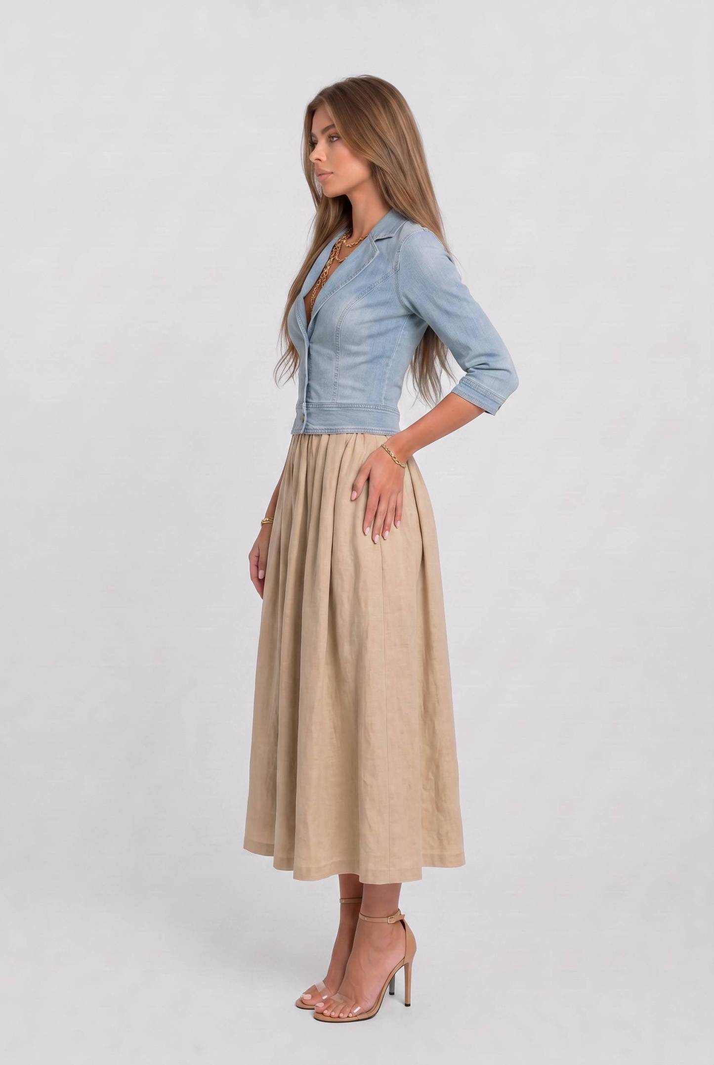 Vintage Denim Top And Linen Skirt Set