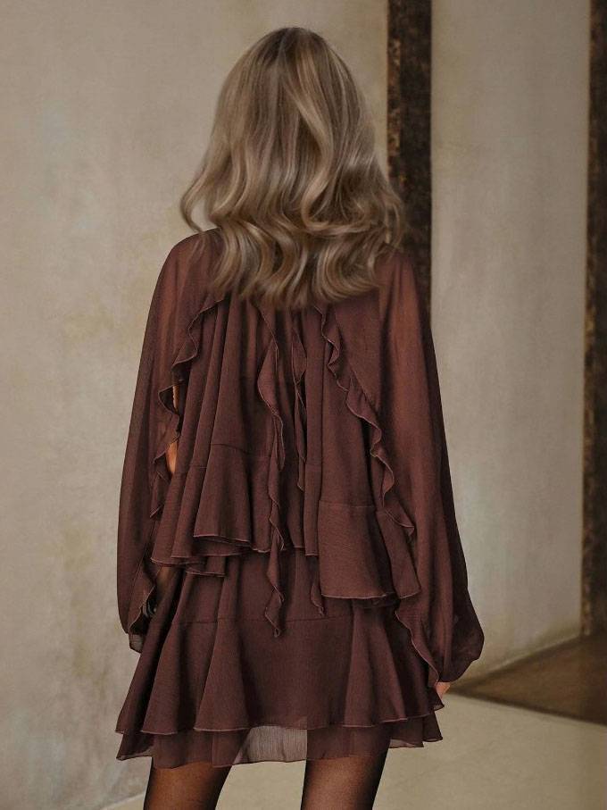 Semi-Sheer Chiffon Ruffle Shirt And Mini Dress Suit（Necklace Not Included）