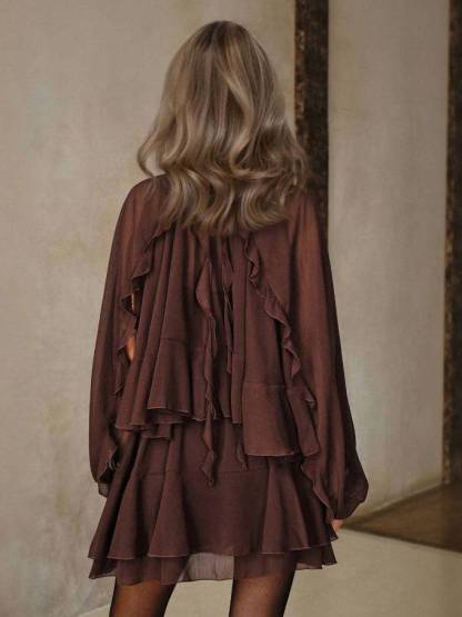 Semi-Sheer Chiffon Ruffle Shirt And Mini Dress Suit（Necklace Not Included）