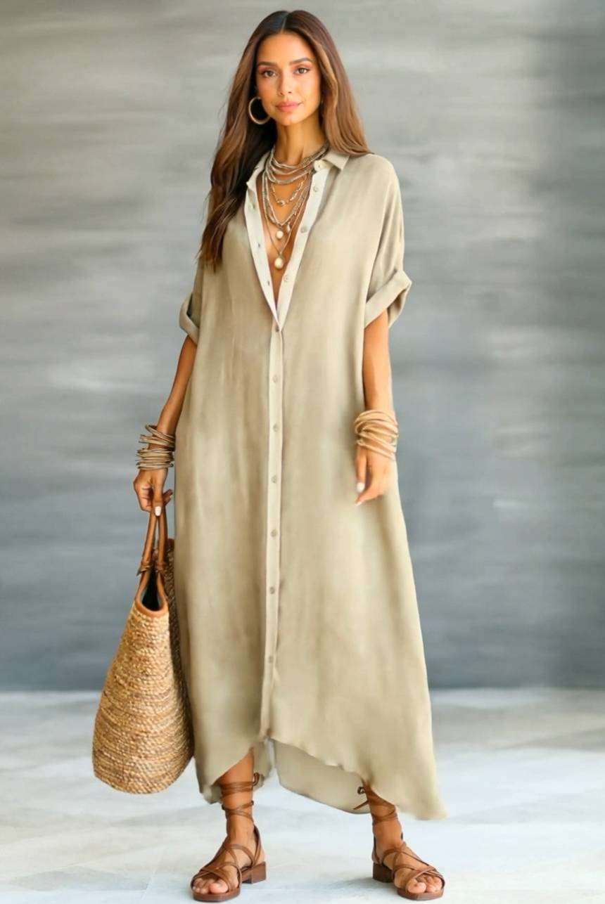 Color Contrast Loose Maxi Shirt Dress