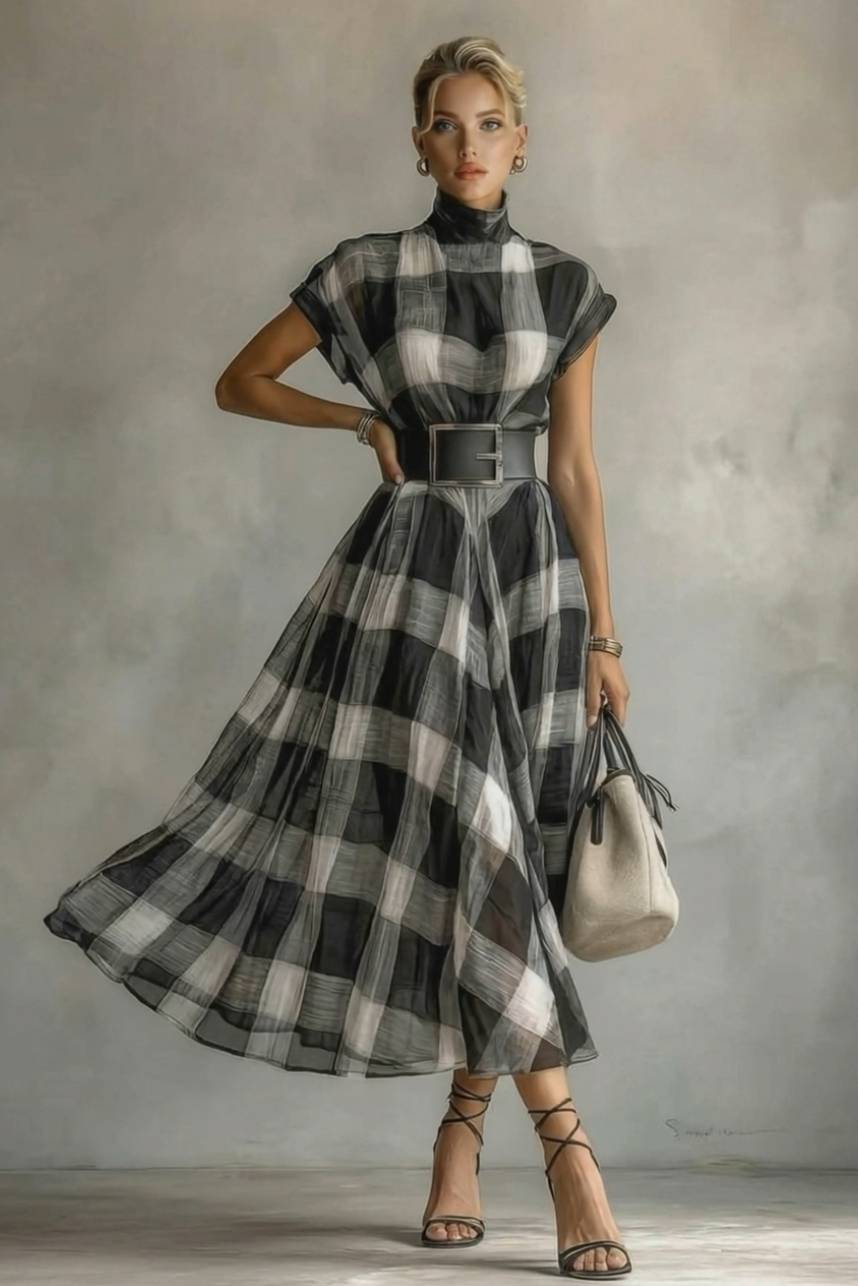 Checked Pattern Stand-Collar Short-Sleeved Dress